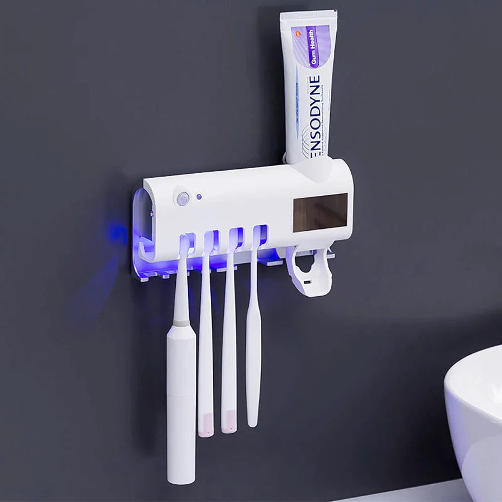 Smart UV Toothbrush Sanitizer Holder & Automatic Toothpaste Dispenser | Wall Mounted Bathroom Organizer with Sterilizer Rack | Wireless & Rechargeable