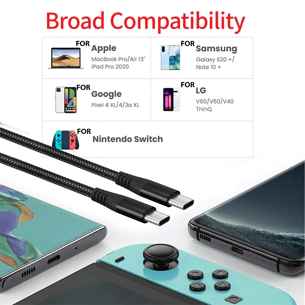 Male to Male USB-C Charging Cable | Fast Charger & Data Sync Cord for Phones & Laptops