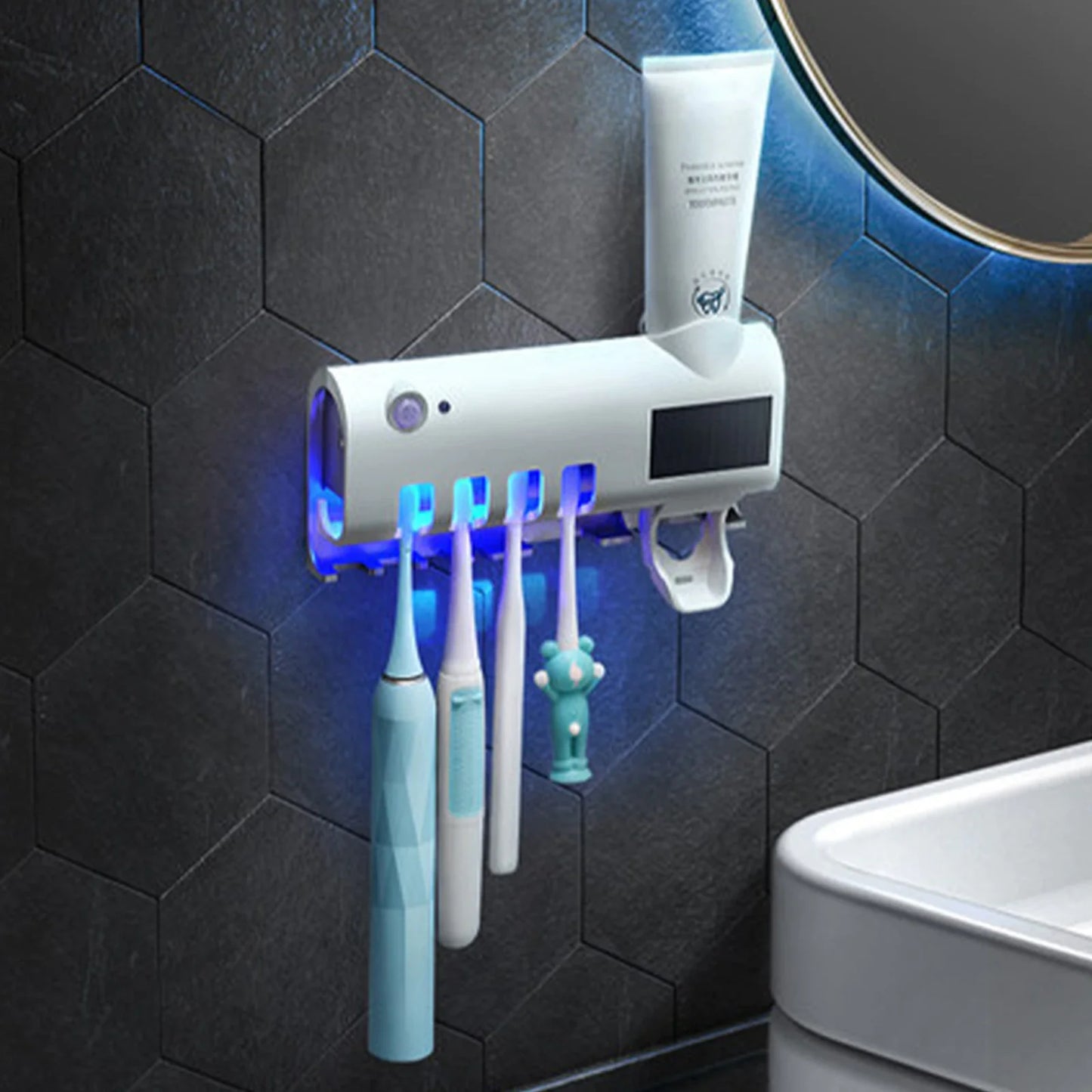 Smart UV Toothbrush Sanitizer Holder & Automatic Toothpaste Dispenser | Wall Mounted Bathroom Organizer with Sterilizer Rack | Wireless & Rechargeable
