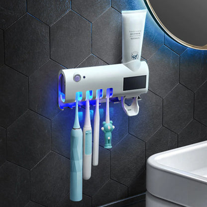 Smart UV Toothbrush Sanitizer Holder & Automatic Toothpaste Dispenser | Wall Mounted Bathroom Organizer with Sterilizer Rack | Wireless & Rechargeable